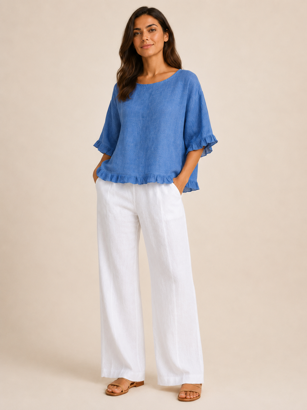 Sorellena - Dames Blouse Met Ronde Hals En Rafelranden