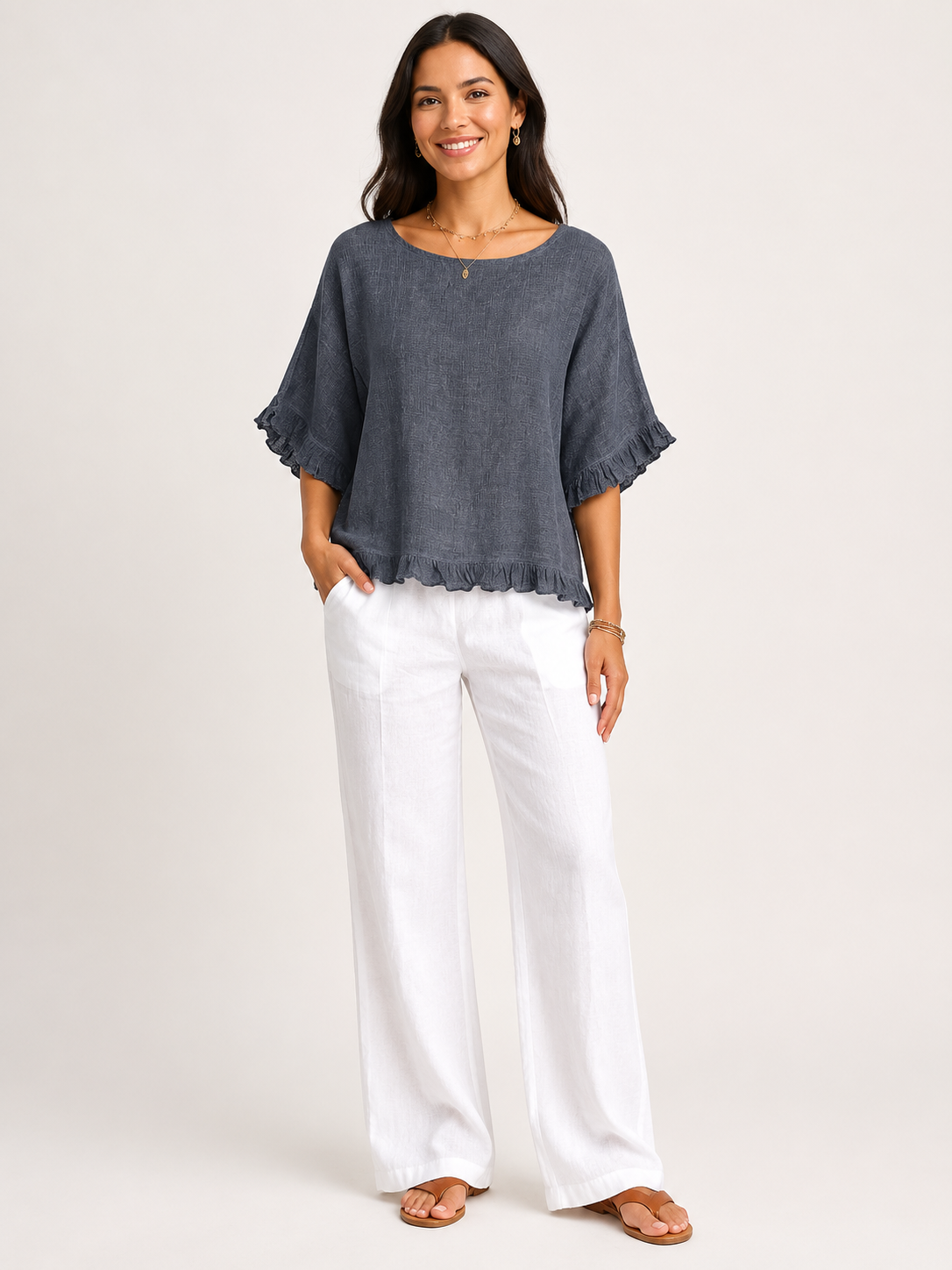 Sorellena - Damesblouse van katoenmix met ronde hals en rafelranden