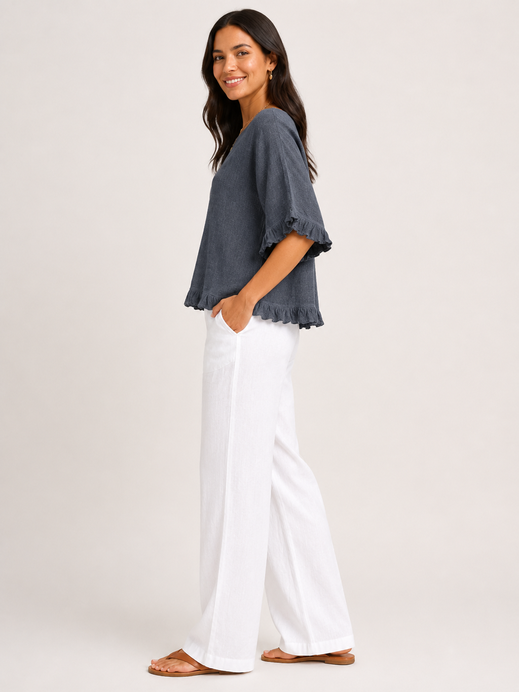 Sorellena - Dames Blouse Met Ronde Hals En Rafelranden