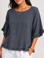 Sorellena - Dames Blouse Met Ronde Hals En Rafelranden