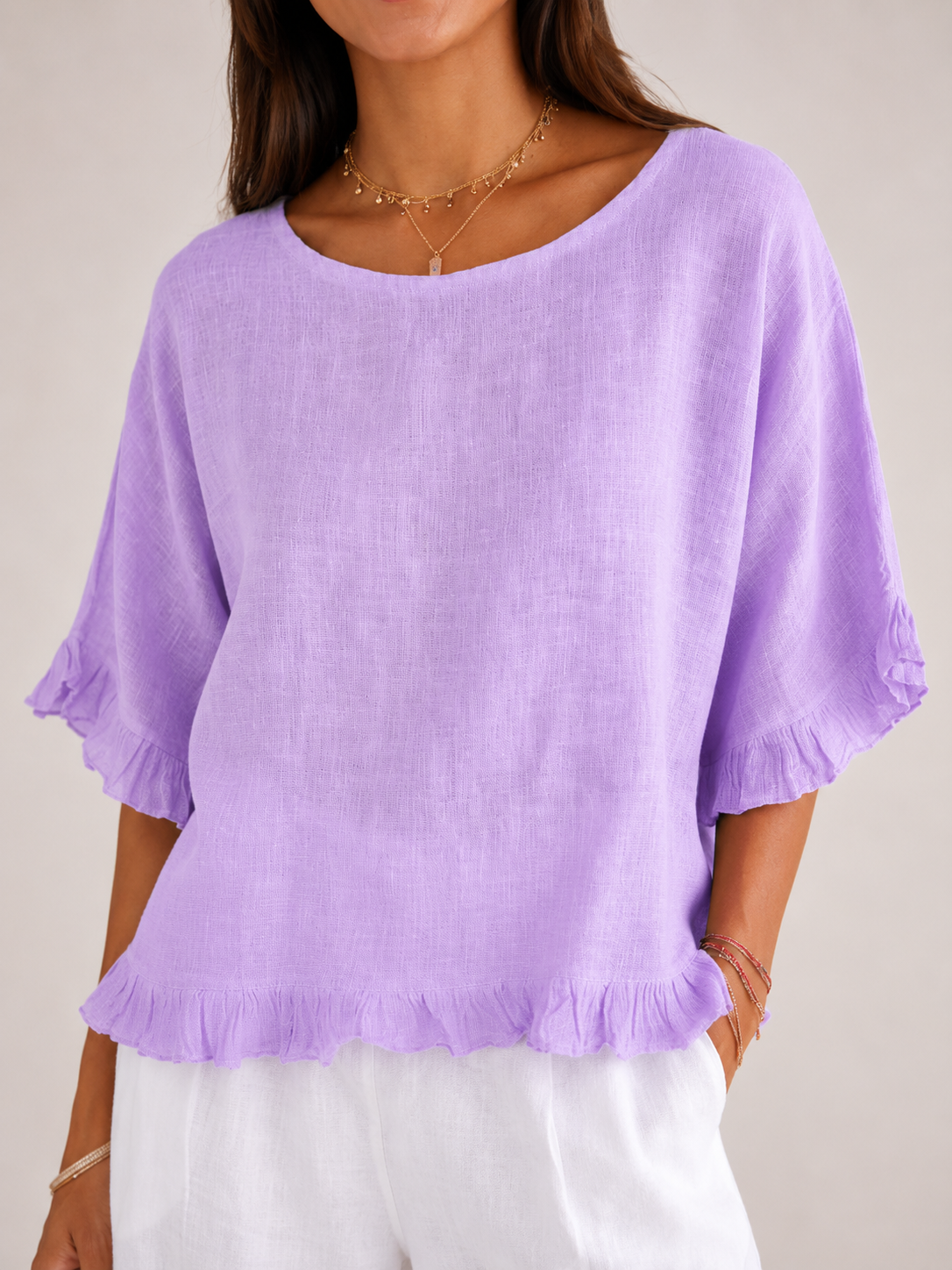 Sorellena - Dames Blouse Met Ronde Hals En Rafelranden