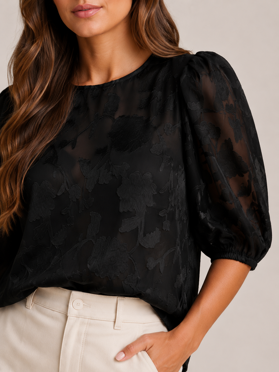 Sarevienne - Dames Blouse Met Bloemenpatroon En Pofmouwen