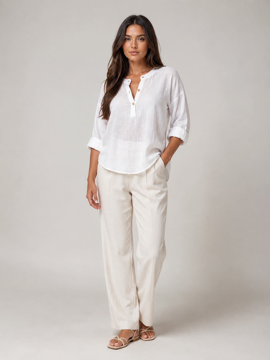 Soremina - Dames Katoenen Blouse Met Split-hals En Lange Mouwen