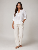 Soremina - Dames Katoenen Blouse Met Split-hals En Lange Mouwen