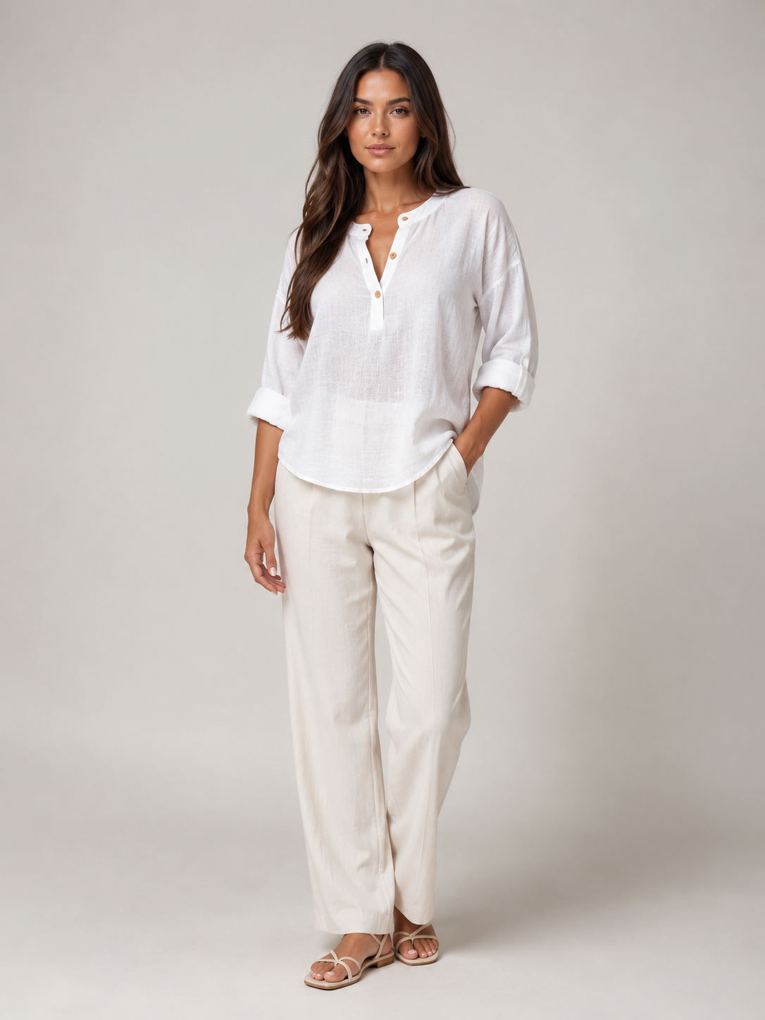 Soremina - Dames Katoenen Blouse Met Split-hals En Lange Mouwen