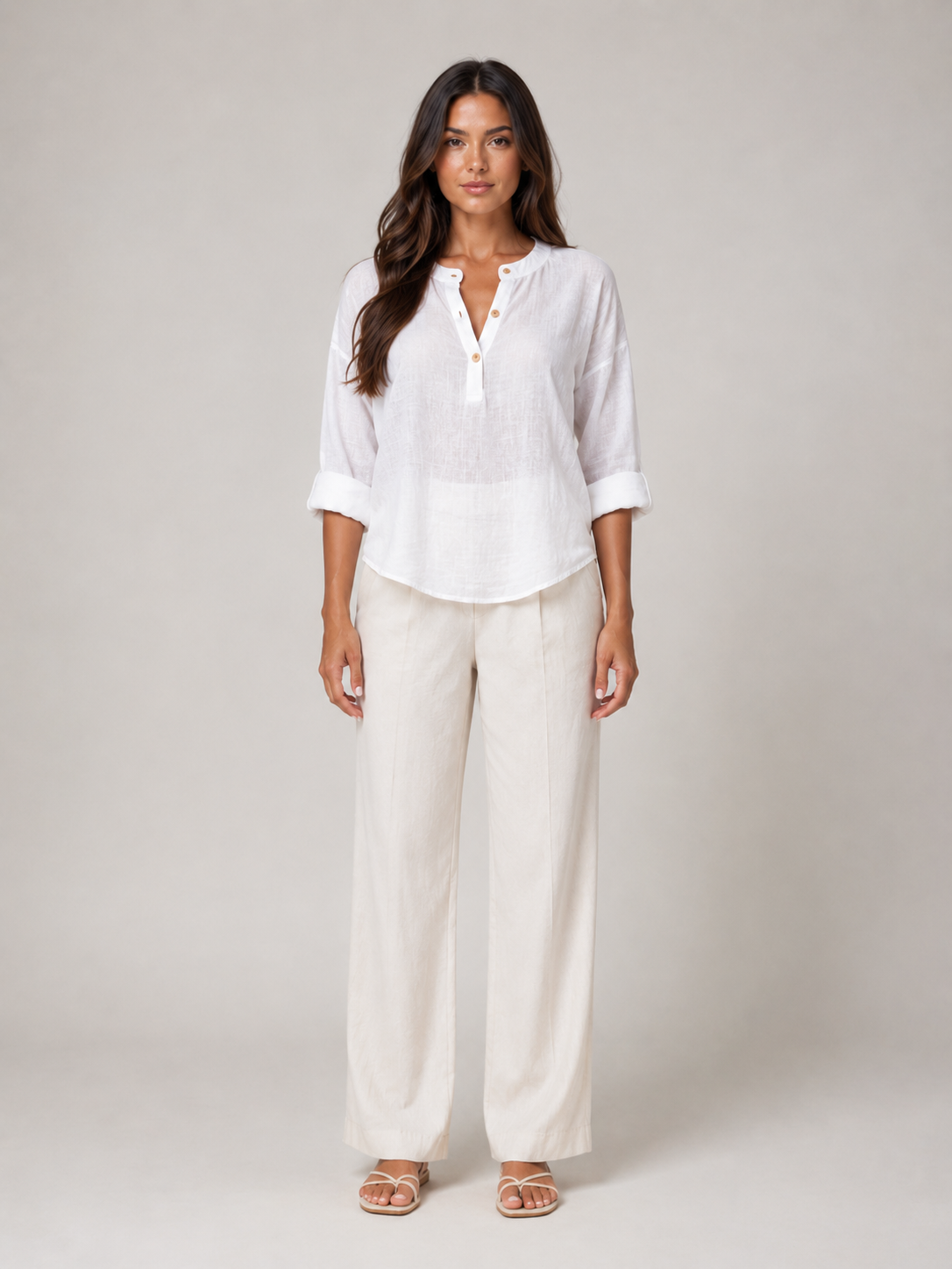 Soremina - Dames Katoenen Blouse Met Split-hals En Lange Mouwen