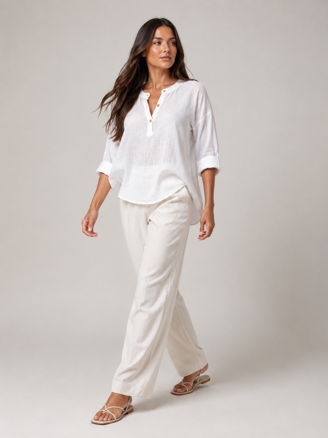 Soremina - Dames Katoenen Blouse Met Split-hals En Lange Mouwen