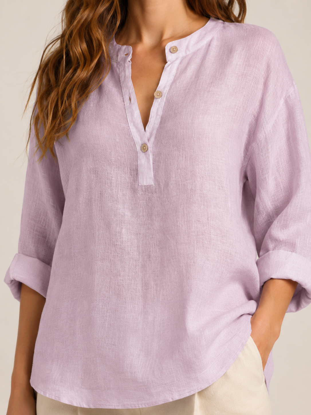 Soremina - Dames Katoenen Blouse Met Split-hals En Lange Mouwen