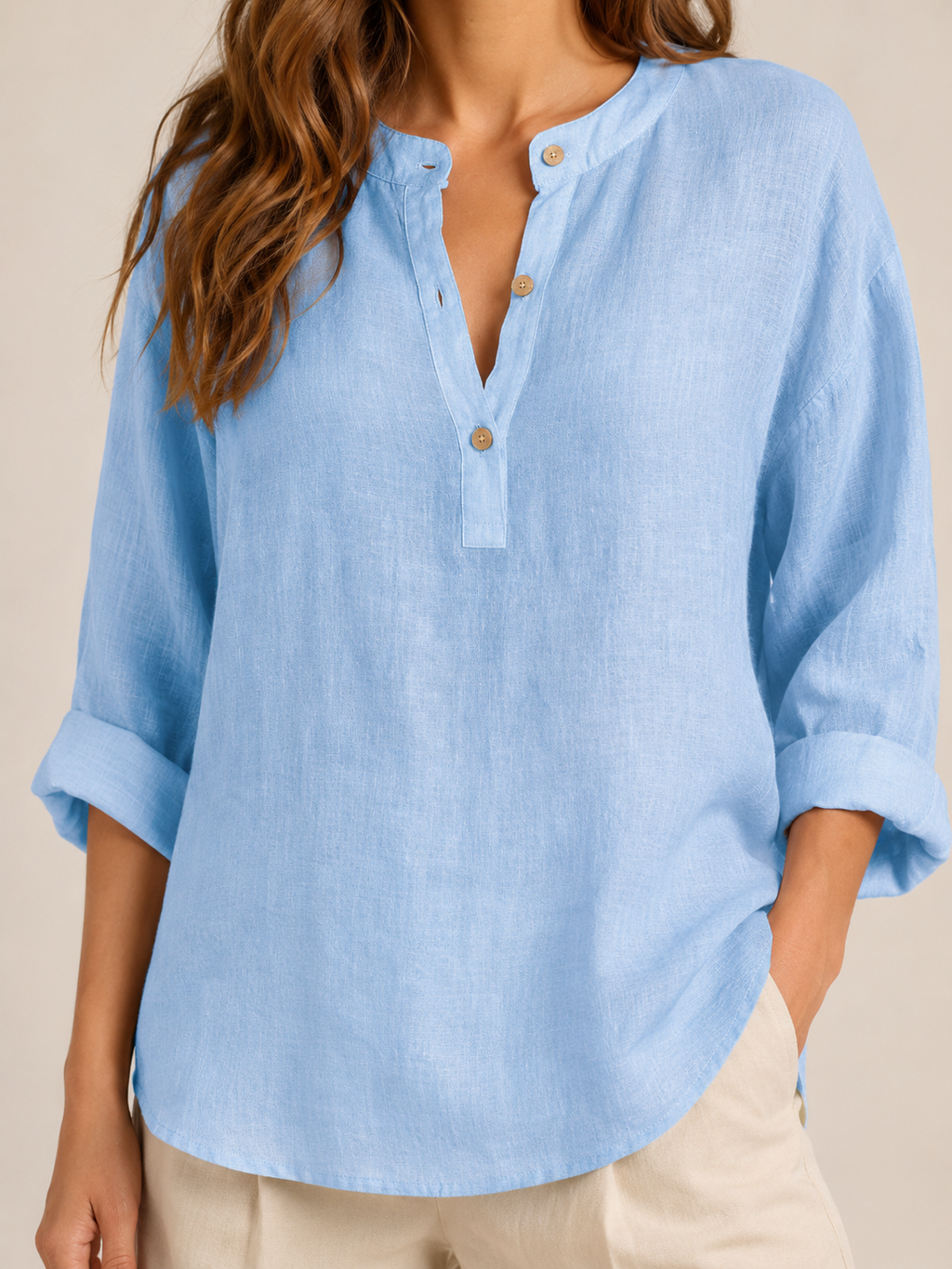 Soremina - Dames Katoenen Blouse Met Split-hals En Lange Mouwen