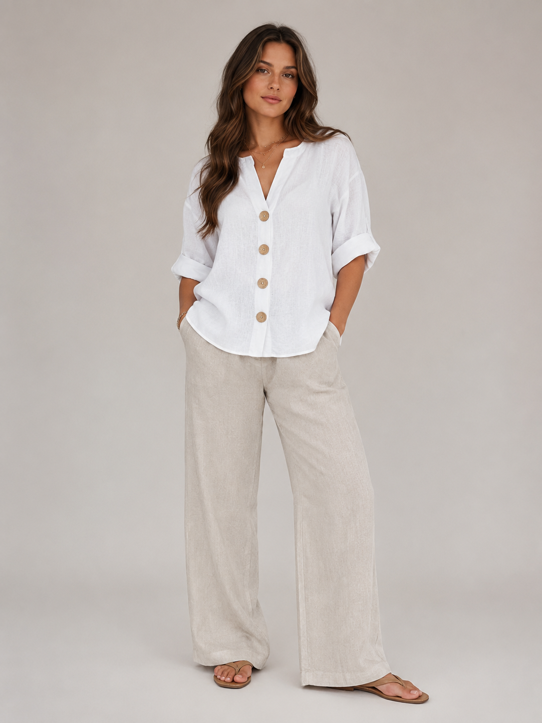 Sorellane - Damesblouse met split-hals en grote knopen