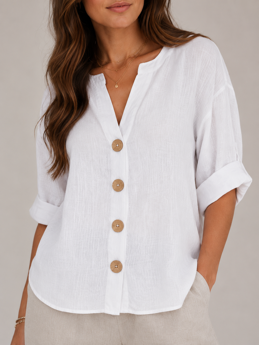 Sorellane - Dames Blouse Met Split-hals En Grote Knopen