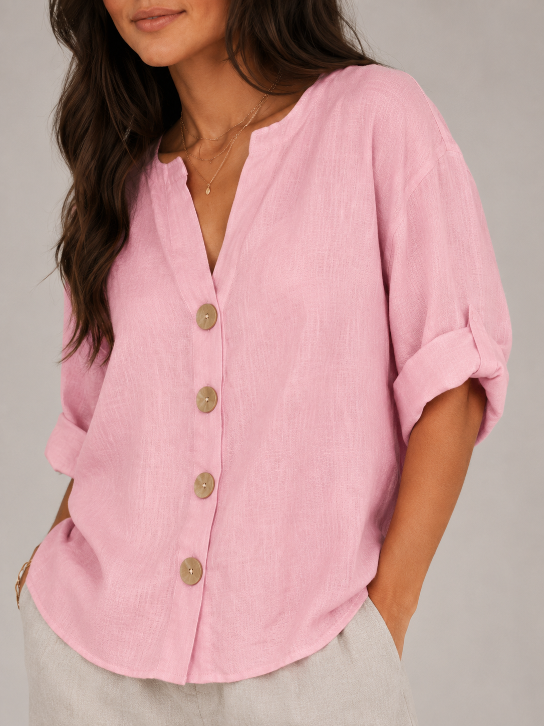Sorellane - Dames Blouse Met Split-hals En Grote Knopen