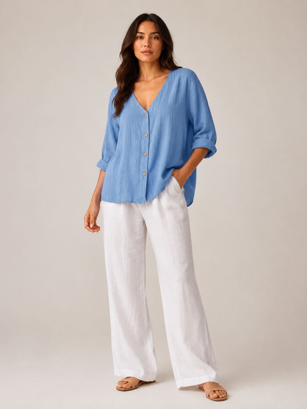 Sérénaïs - Dames Blouse Met V-hals En Knoopsluiting
