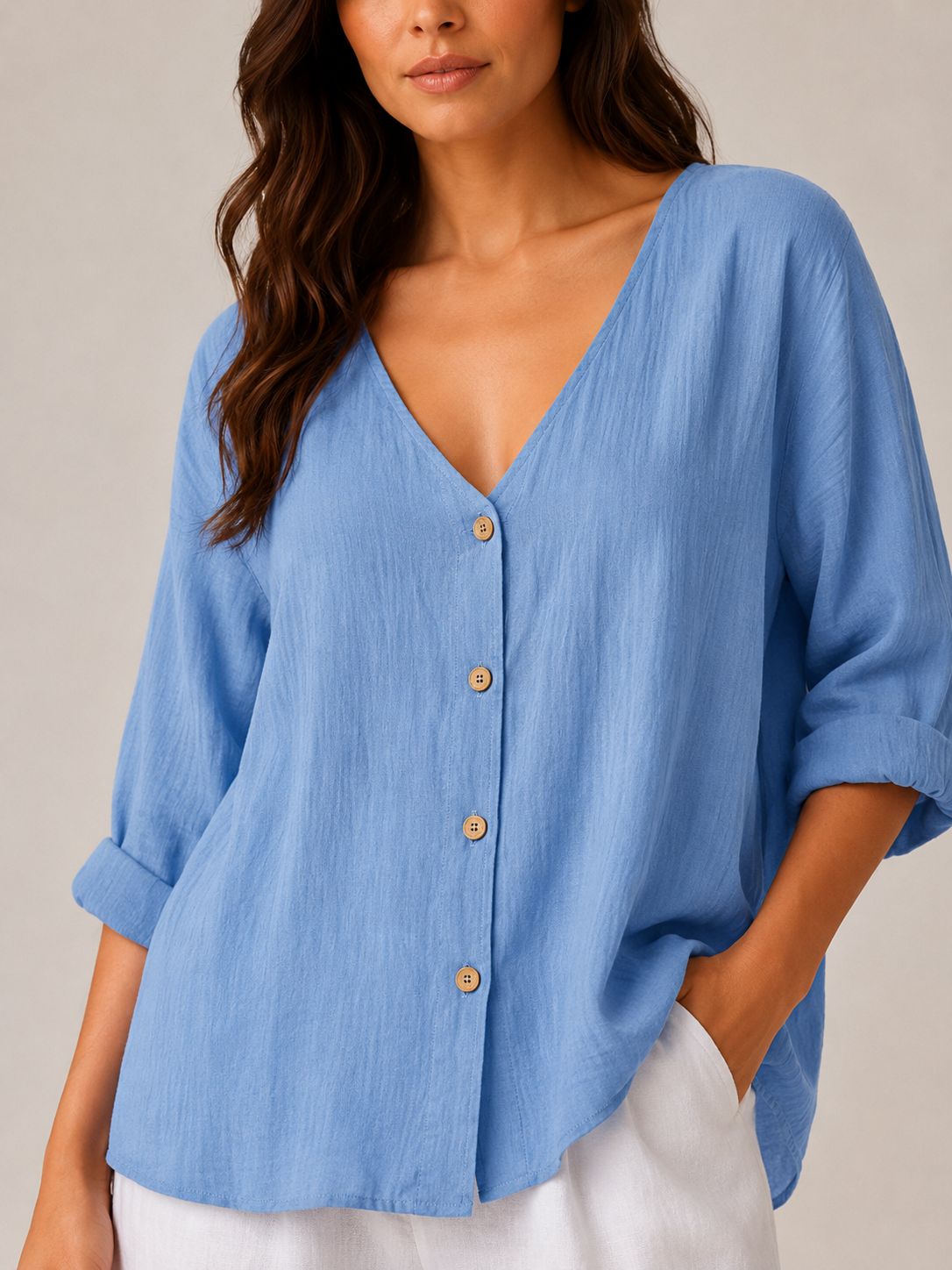 Sérénaïs - Dames Blouse Met V-hals En Knoopsluiting