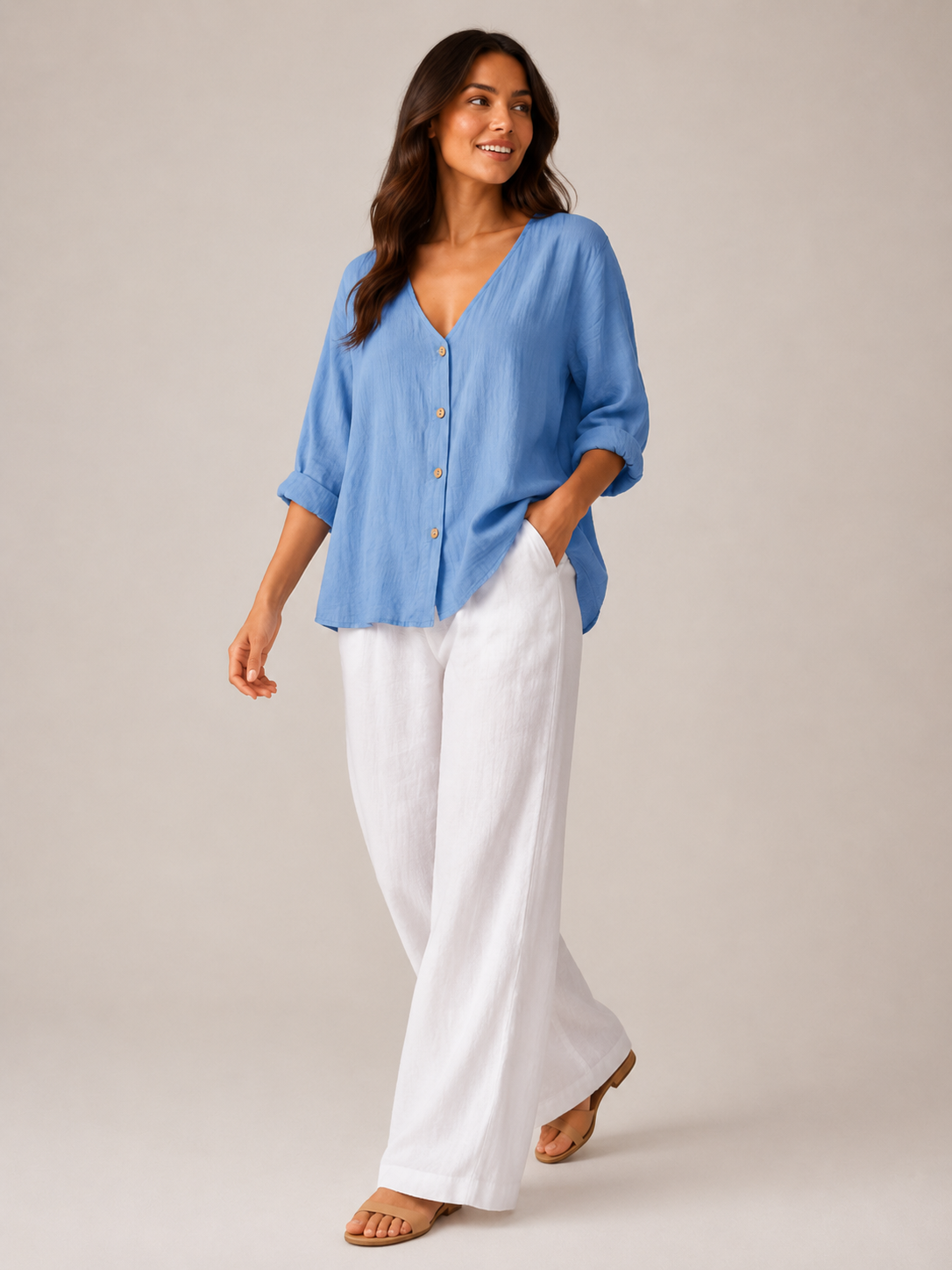 Sérénaïs - Dames Blouse Met V-hals En Knoopsluiting