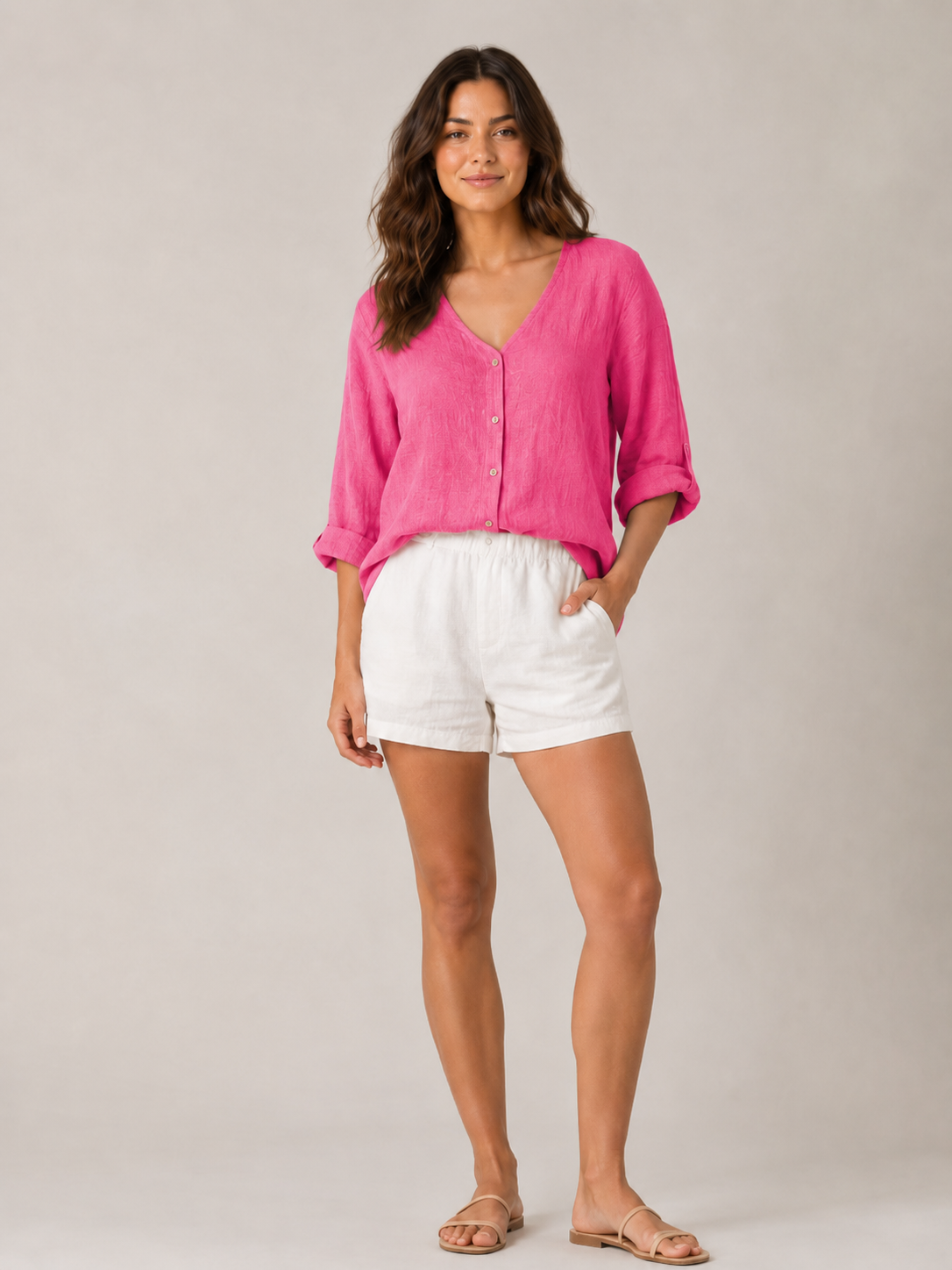 Sérénaïs - Damesblouse met V-hals en knoopsluiting