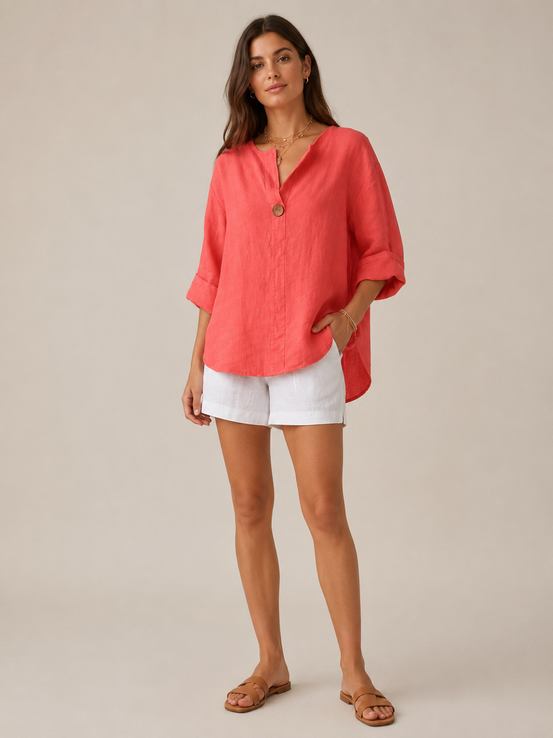 Sérélie - Damesblouse in linnenlook met open kraag en driekwartmouwen