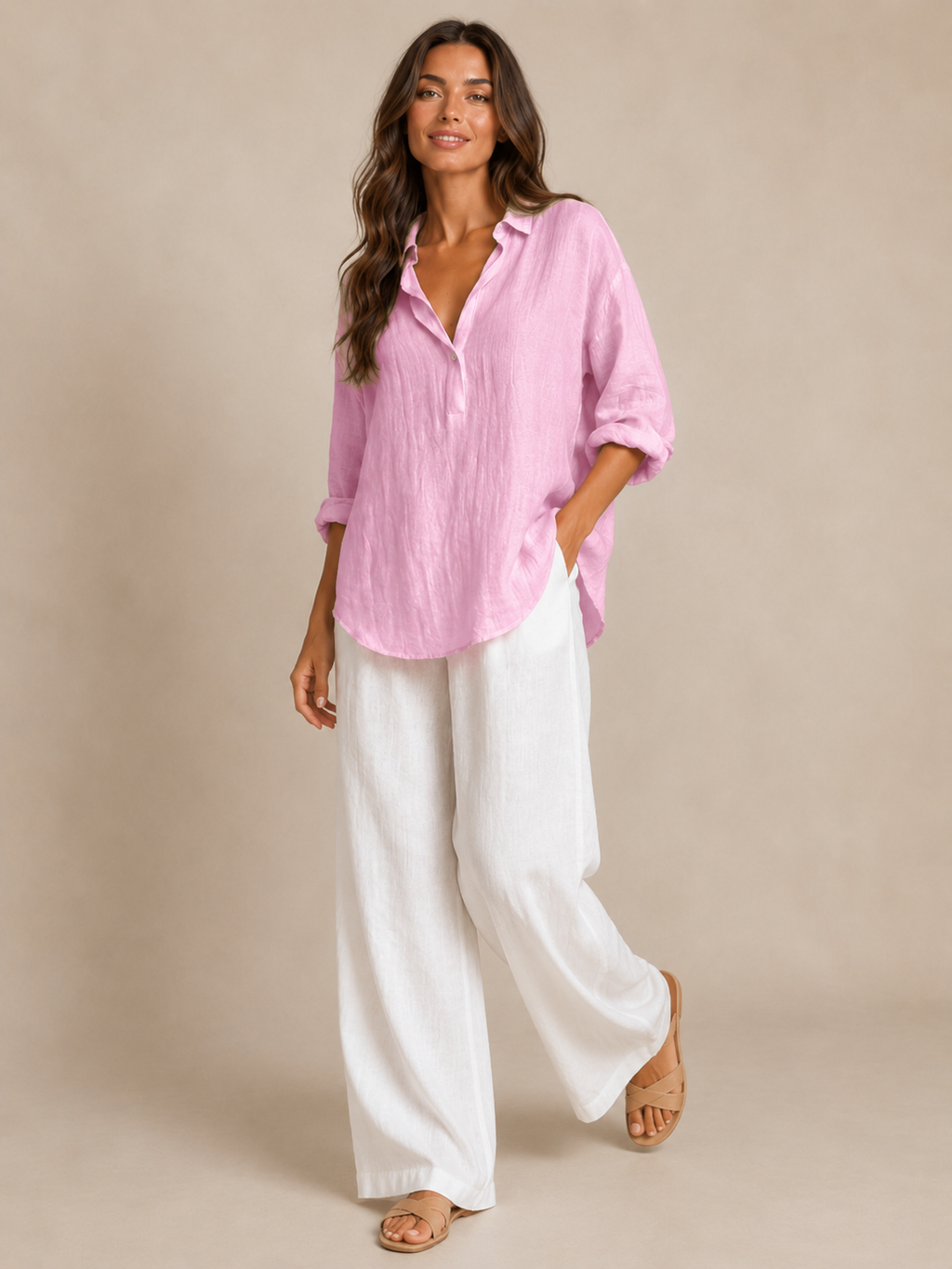 Solenya - Dames Blouse Met Open Kraag En Driekwartmouwen