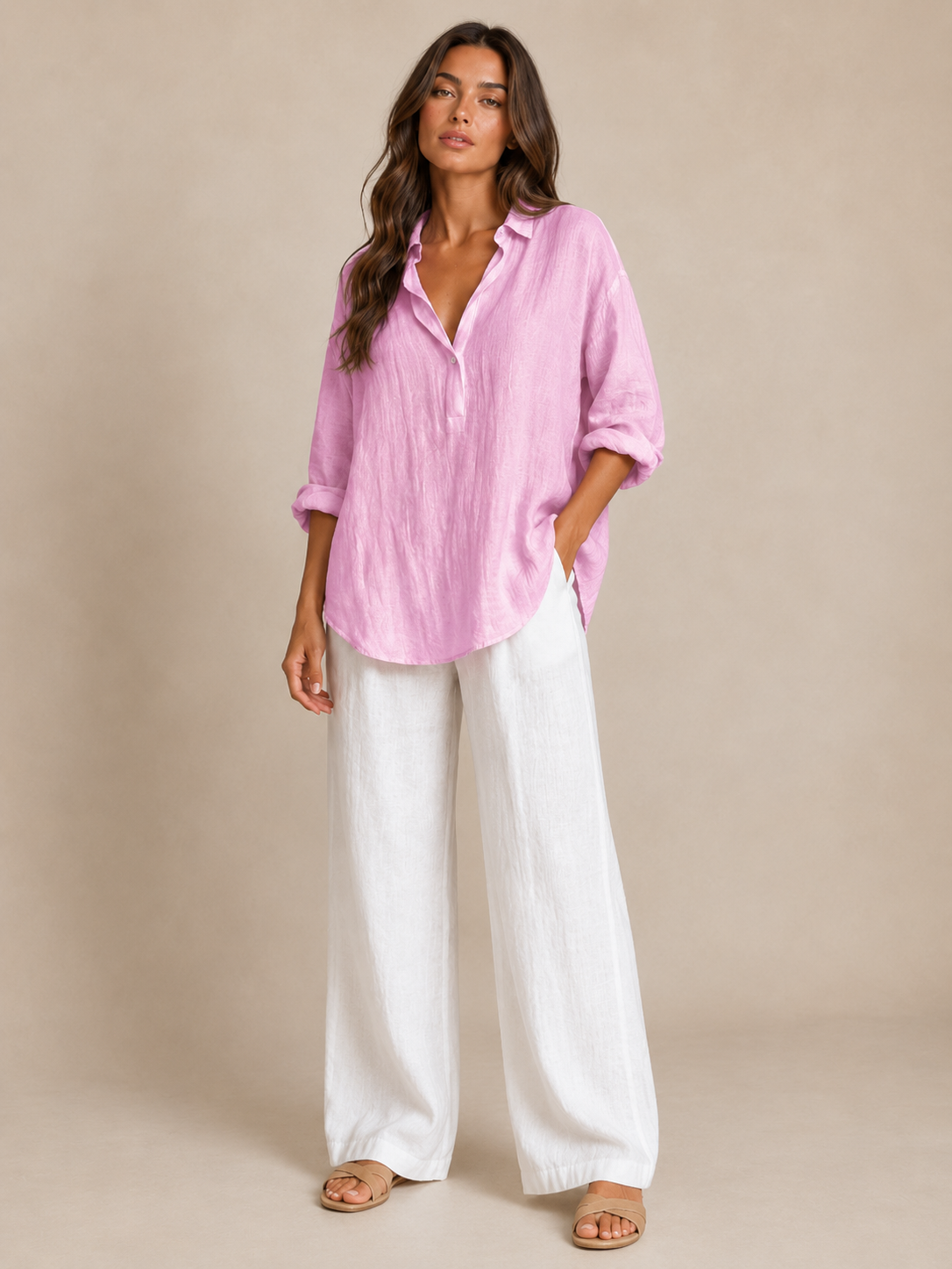Solenya - Dames Blouse Met Open Kraag En Driekwartmouwen