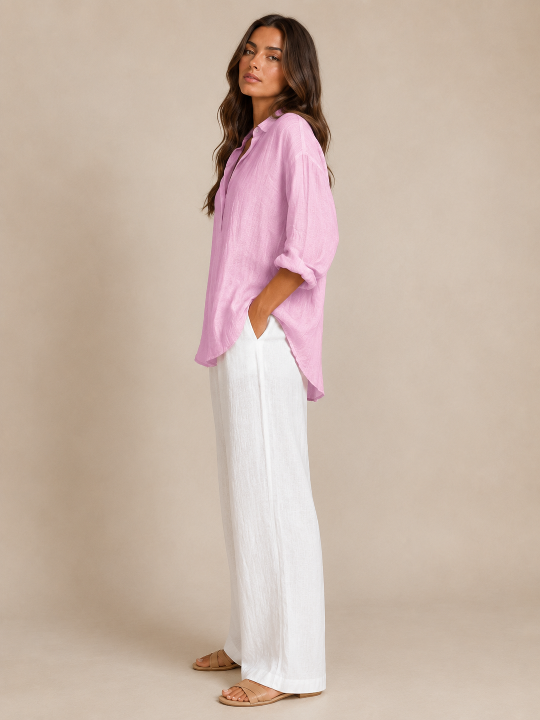 Solenya - Dames Blouse Met Open Kraag En Driekwartmouwen