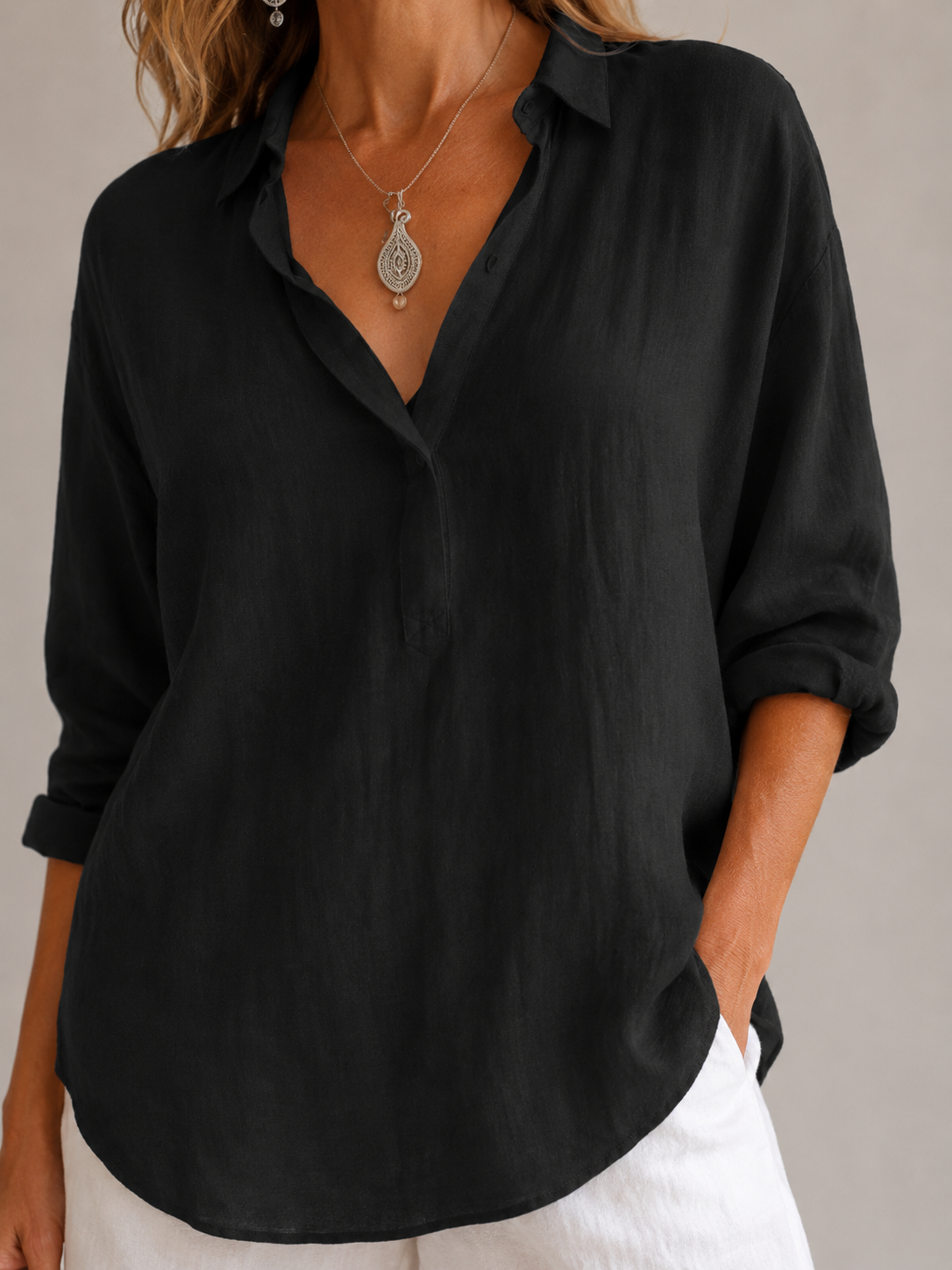 Solenya - Dames Blouse Met Open Kraag En Driekwartmouwen