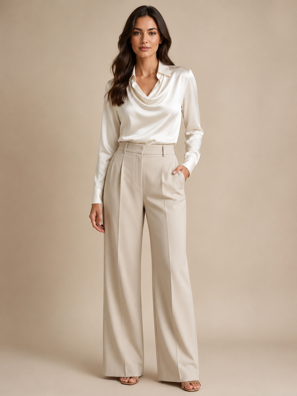 Séravelle - Dames Satijnlook Blouse Met Kraag En Gedrapeerde Halslijn