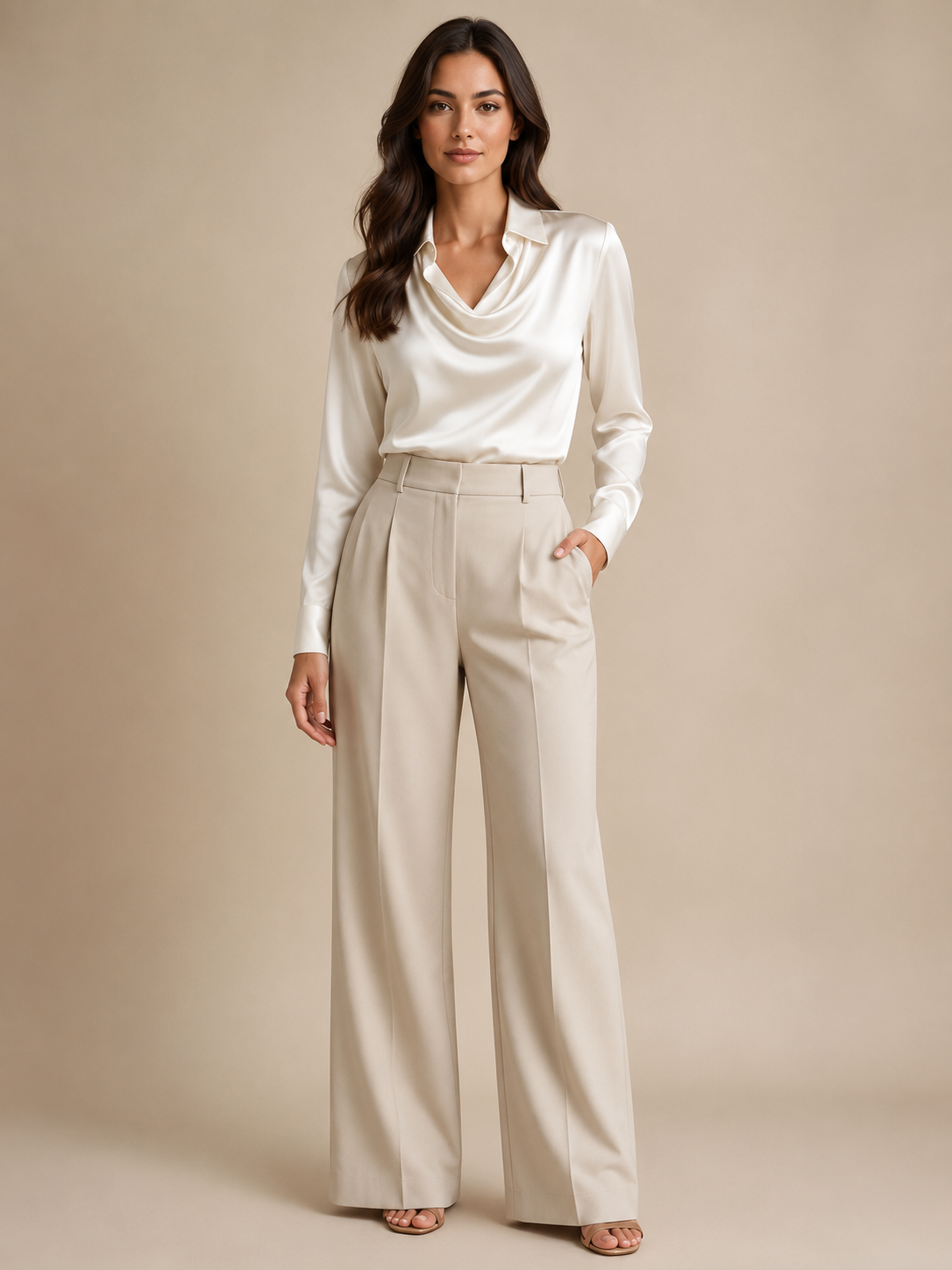 Séravelle - Dames Satijnlook Blouse Met Kraag En Gedrapeerde Halslijn