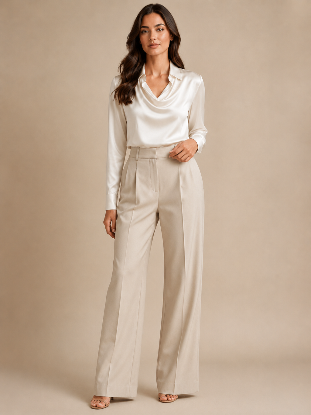 Séravelle - Dames Satijnlook Blouse Met Kraag En Gedrapeerde Halslijn