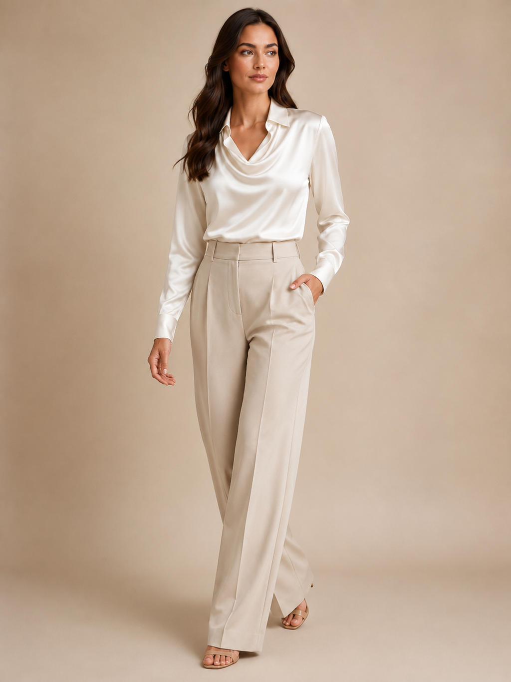 Séravelle - Dames Satijnlook Blouse Met Kraag En Gedrapeerde Halslijn
