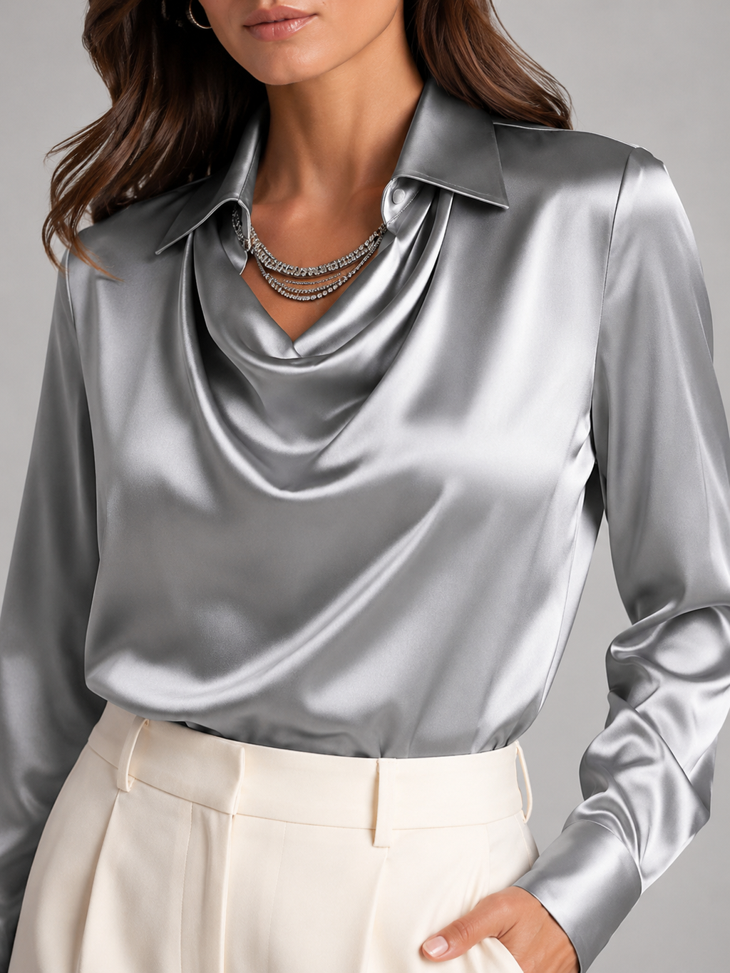 Séravelle - Dames Satijnlook Blouse Met Kraag En Gedrapeerde Halslijn