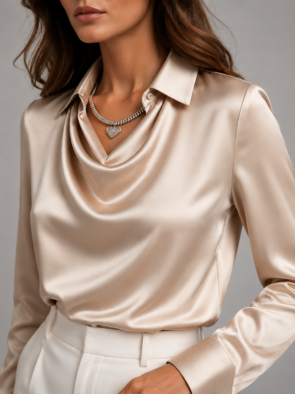 Séravelle - Dames Satijnlook Blouse Met Kraag En Gedrapeerde Halslijn