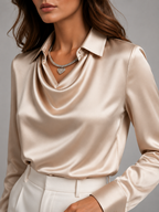 Séravelle - Dames Satijnlook Blouse Met Kraag En Gedrapeerde Halslijn