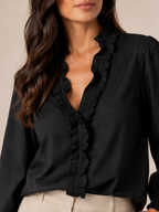 Sovéliane - Dames Blouse Met Ruches Langs De V-hals En Lange Mouwen