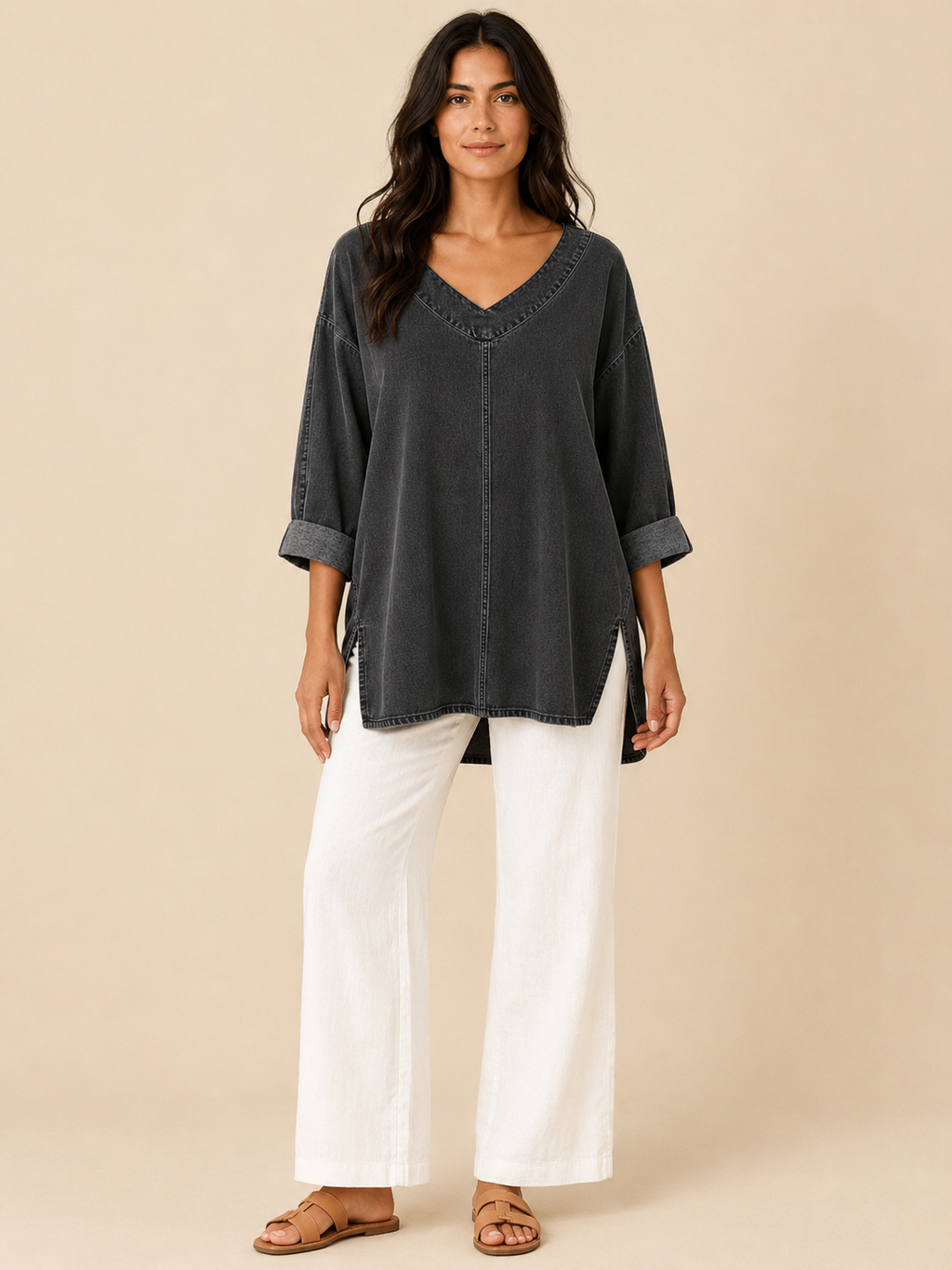 Samarisse - Damesblouse in denimlook met V-hals en zijsplitten