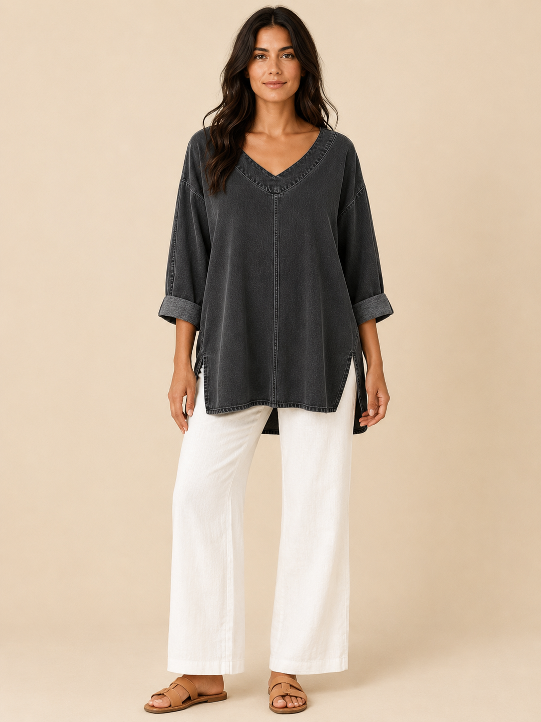 Samarisse - Damesblouse in denimlook met V-hals en zijsplitten