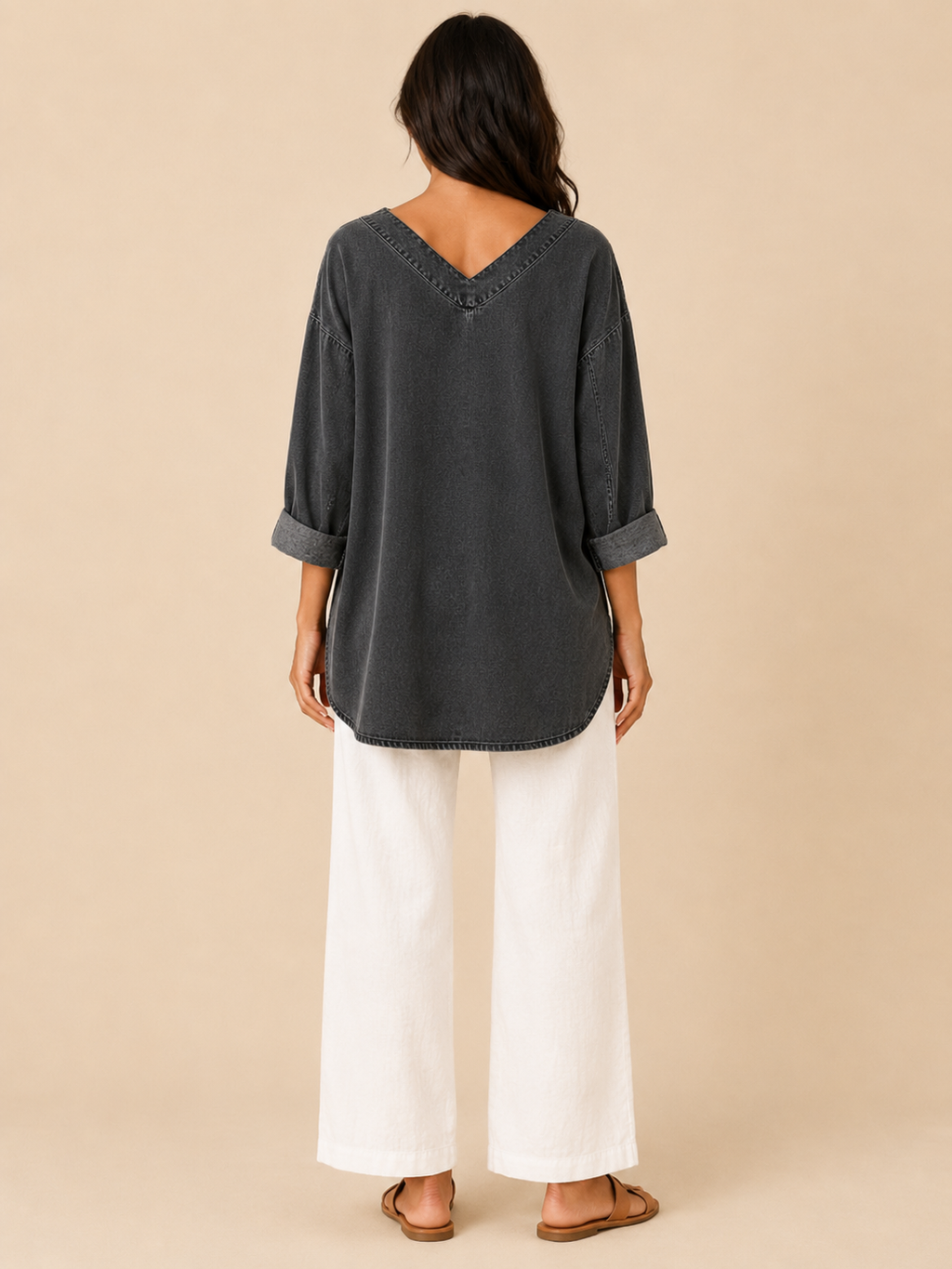 Samarisse - Damesblouse in denimlook met V-hals en zijsplitten