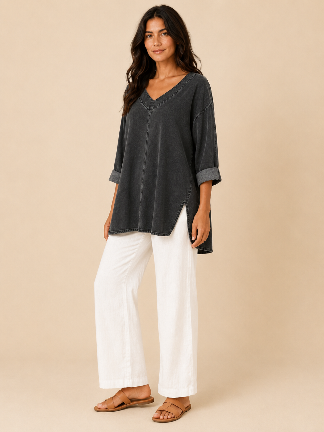 Samarisse - Damesblouse in denimlook met V-hals en zijsplitten