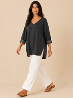 Samarisse - Damesblouse in denimlook met V-hals en zijsplitten