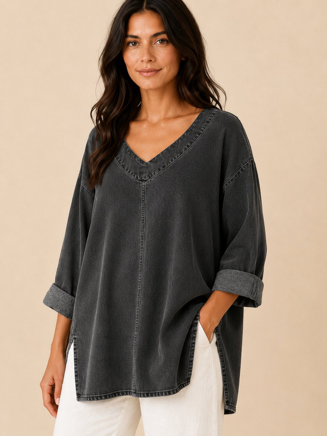 Samarisse - Damesblouse in denimlook met V-hals en zijsplitten