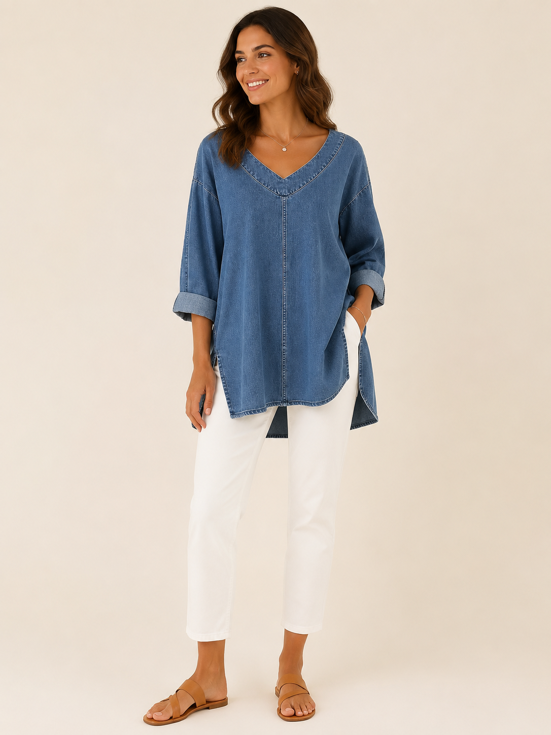 Samarisse - Damesblouse in denimlook met V-hals en zijsplitten