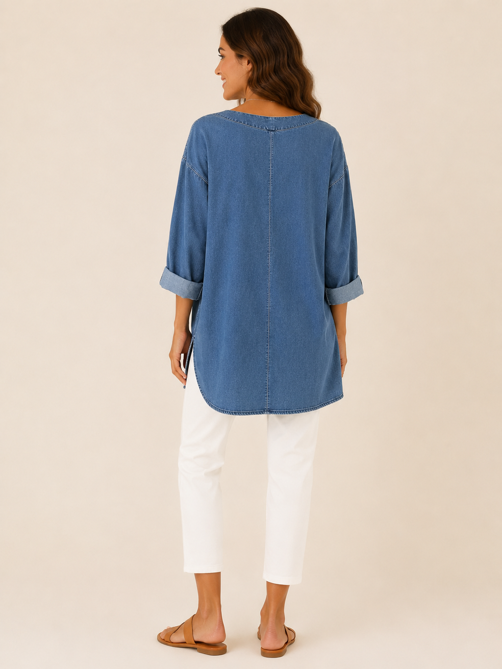 Samarisse - Damesblouse in denimlook met V-hals en zijsplitten