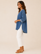 Samarisse - Damesblouse in denimlook met V-hals en zijsplitten