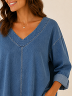 Samarisse - Damesblouse in denimlook met V-hals en zijsplitten