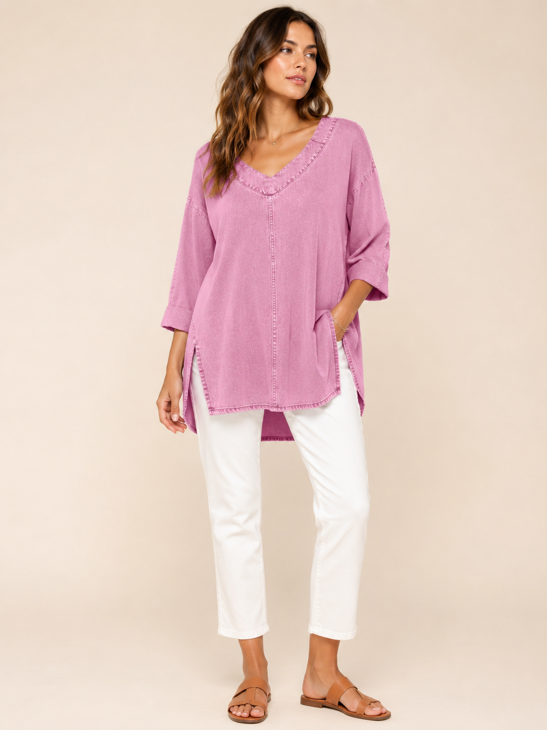 Samarisse - Damesblouse in denimlook met V-hals en zijsplitten