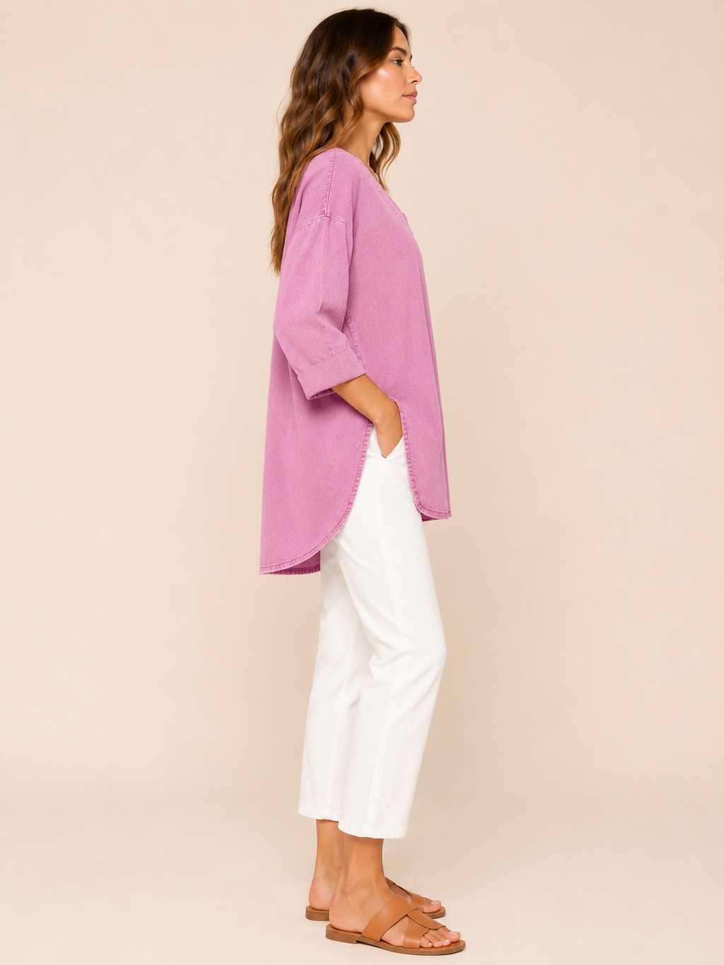 Samarisse - Damesblouse in denimlook met V-hals en zijsplitten