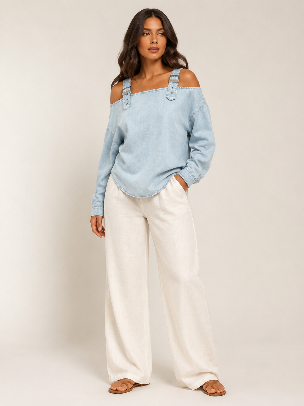 Selmara - Dames Denimlook Blouse Met Open Schouders En Verstelbare Bandjes