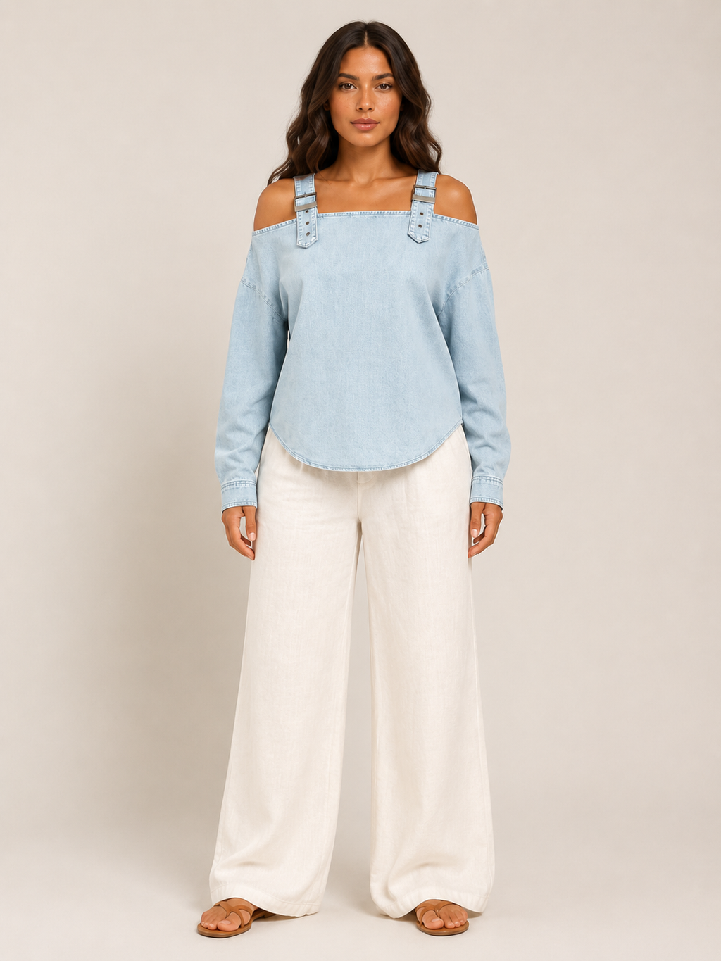 Selmara - Dames Denimlook Blouse Met Open Schouders En Verstelbare Bandjes