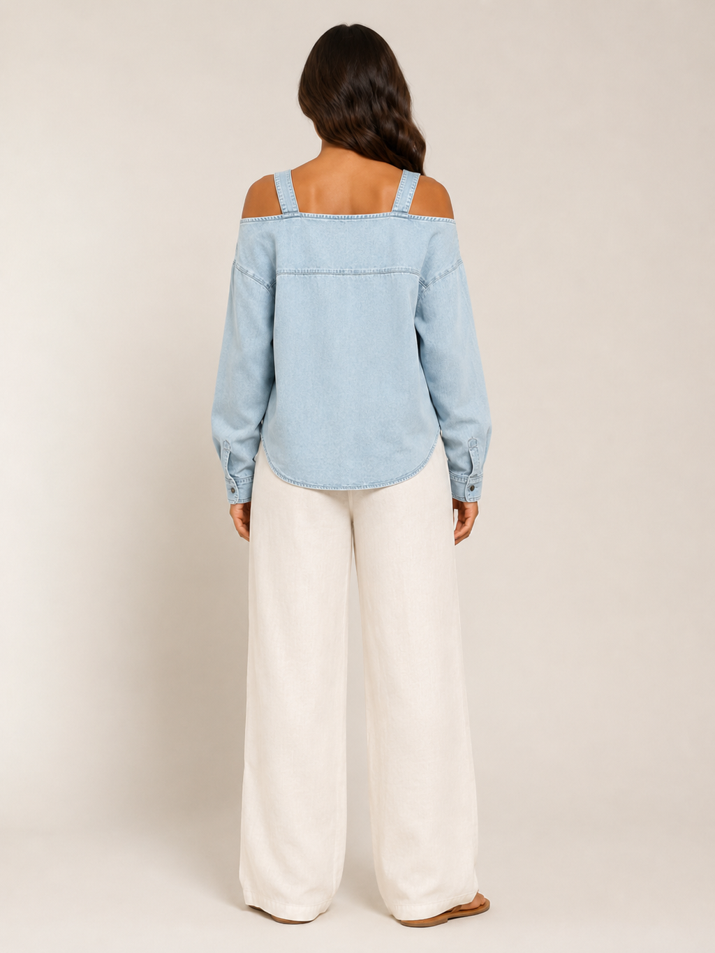 Selmara - Dames Denimlook Blouse Met Open Schouders En Verstelbare Bandjes