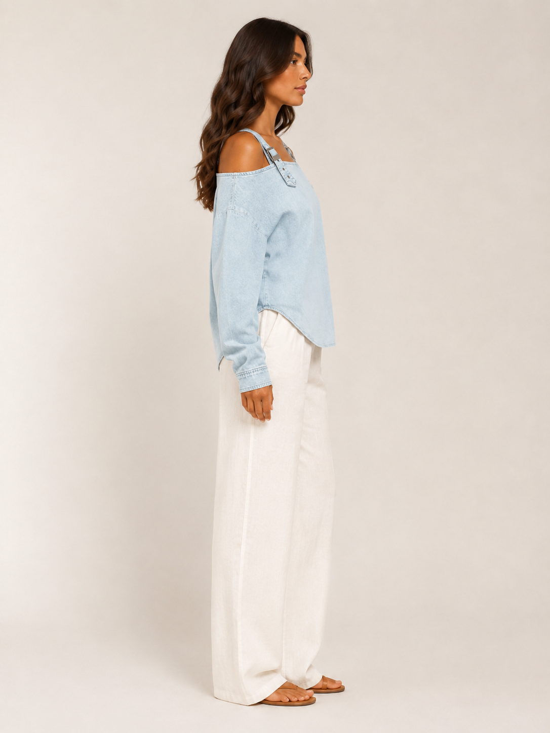Selmara - Dames Denimlook Blouse Met Open Schouders En Verstelbare Bandjes