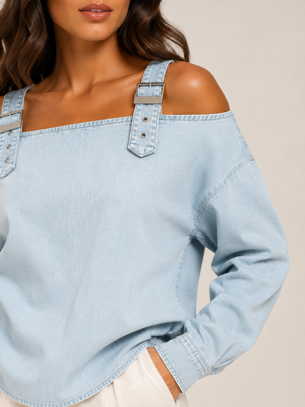 Selmara - Dames Denimlook Blouse Met Open Schouders En Verstelbare Bandjes